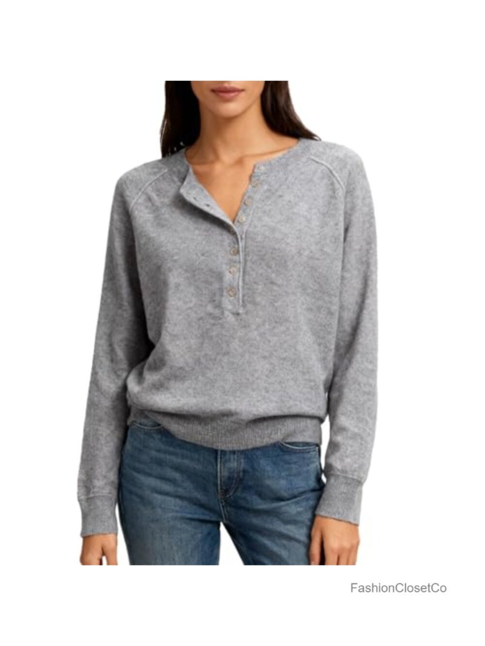 Women's 100% Wool Long Sleeve Henley Sweater Relaxed Fit Button Up